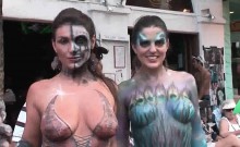 Sexy babes showing off their hot body painting outdoors