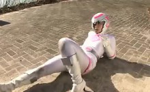 Japanese ranger girl in skin-tight superhero costume gets c