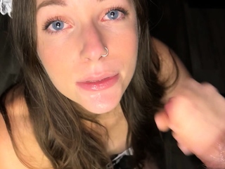 Slut gives wam deep throat pov blowjob and handjob