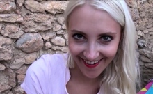 Outdoor sex POV filmed with a slim blonde