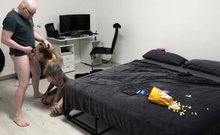 Young blonde gives blowjob and titjob to old guy